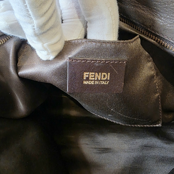 FENDI Tote Shoulder Bag Tortoise Shell Chaim Handle Purse Charcoal Brown Leather - Picture 10 of 10